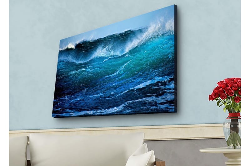 Canvastavla med LED-belysning - Storslagen havsvåg i rörelse, Turkos / Mörkblå / Vit