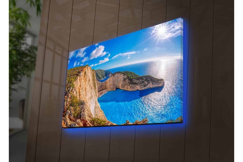 Canvastavla med LED-belysning - Storslagen kustlandskap med klippor och turkost hav - Turkos / Beige / Grön - Inredning & dekor - Tavlor & konst - Canvastavla