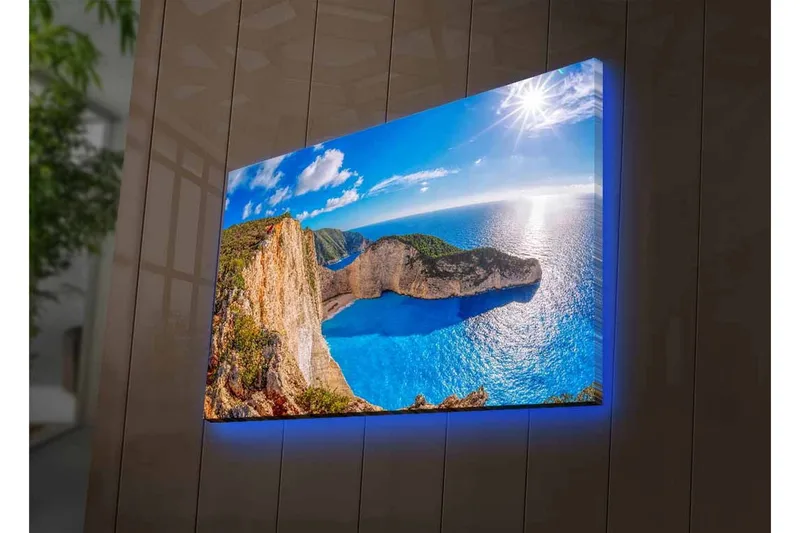 Canvastavla med LED-belysning - Storslagen kustlandskap med klippor och turkost hav - Turkos / Beige / Grön - Inredning & dekor - Tavlor & konst - Canvastavla