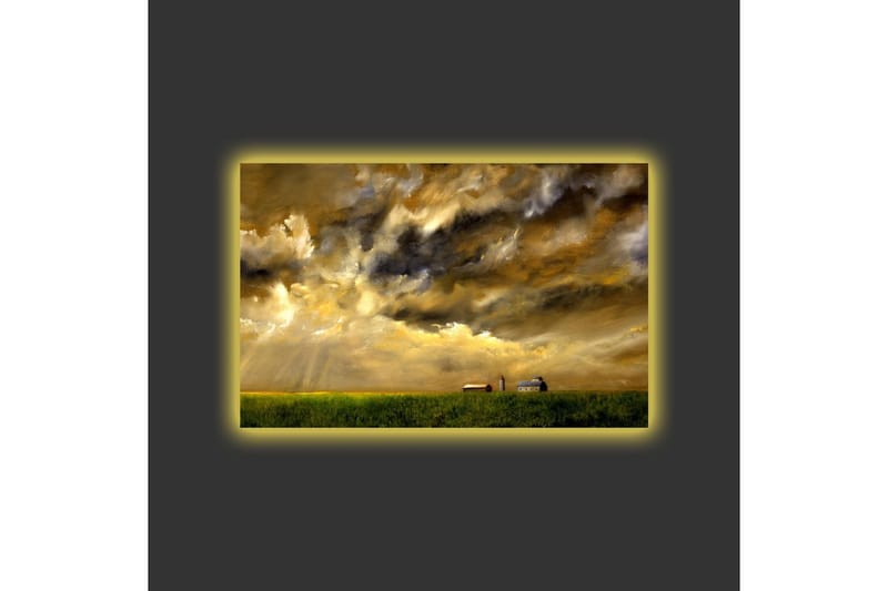 Canvastavla med LED-belysning - Storslagen landskapsvy med dramatiska moln och en gård i horisonten - Guld / Mörkblå / Grön - Inredning & dekor - Tavlor & konst - Canvastavla