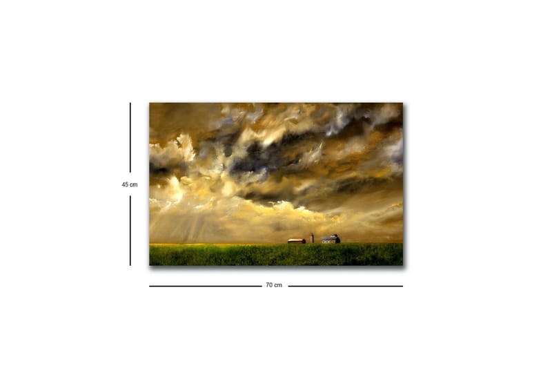 Canvastavla med LED-belysning - Storslagen landskapsvy med dramatiska moln och en gård i horisonten - Guld / Mörkblå / Grön - Inredning & dekor - Tavlor & konst - Canvastavla