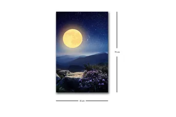 Canvastavla med LED-belysning - Storslagen måne över en fjärran bergslandskap med blommor i förgrunden - Mörkblå / Gul / Lila - Inredning & dekor - Tavlor & konst - Canvastavla