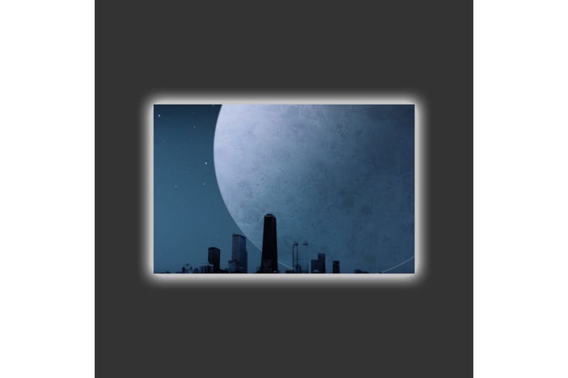 Canvastavla med LED-belysning - Storslagen måne över en stadssilhuett i skymning - Mörkblå / Grå / Svart - Inredning & dekor - Tavlor & konst - Canvastavla