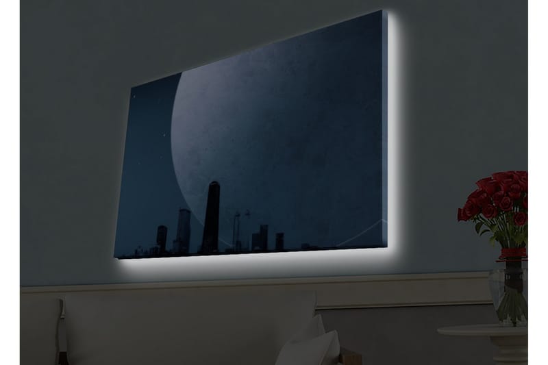 Canvastavla med LED-belysning - Storslagen måne över en stadssilhuett i skymning, Mörkblå / Grå / Svart