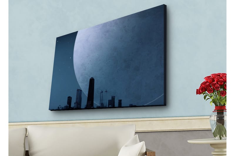 Canvastavla med LED-belysning - Storslagen måne över en stadssilhuett i skymning - Mörkblå / Grå / Svart - Inredning & dekor - Tavlor & konst - Canvastavla