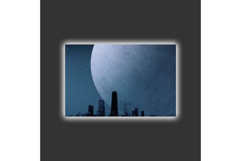 Canvastavla med LED-belysning - Storslagen måne över en stadssilhuett i skymning - Mörkblå / Grå / Svart - Inredning & dekor - Tavlor & konst - Canvastavla