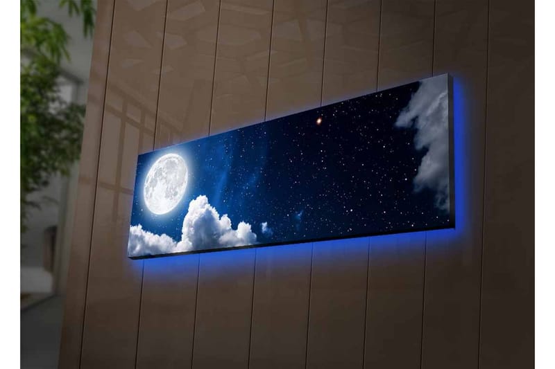 Canvastavla med LED-belysning - Storslagen måne som lyser över en stjärnklar himmel med moln - Mörkblå / Vit / Grå - Inredning & dekor - Tavlor & konst - Canvastavla
