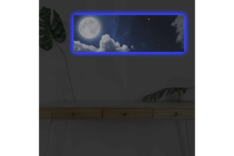 Canvastavla med LED-belysning - Storslagen måne som lyser över en stjärnklar himmel med moln, Mörkblå / Vit / Grå