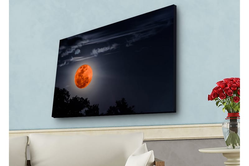 Canvastavla med LED-belysning - Storslagen måne som lyser upp natthimlen - Mörkblå / Orange / Svart - Inredning & dekor - Tavlor & konst - Canvastavla