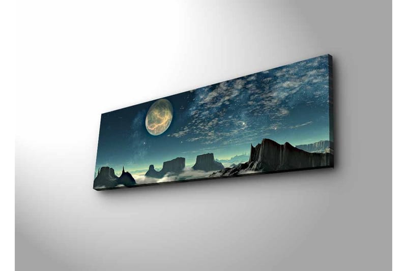 Canvastavla med LED-belysning - Storslagen nattlandskap med en stor måne och dramatiska bergformationer - Mörkblå / Grå / Svart - Inredning & dekor - Tavlor & konst - Canvastavla