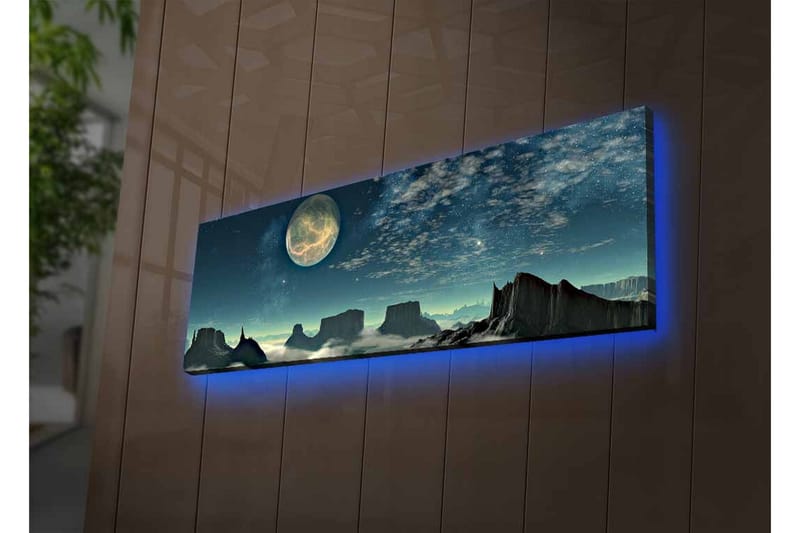 Canvastavla med LED-belysning - Storslagen nattlandskap med en stor måne och dramatiska bergformationer - Mörkblå / Grå / Svart - Inredning & dekor - Tavlor & konst - Canvastavla