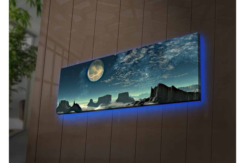Canvastavla med LED-belysning - Storslagen nattlandskap med en stor måne och dramatiska bergformationer - Mörkblå / Grå / Svart - Inredning & dekor - Tavlor & konst - Canvastavla
