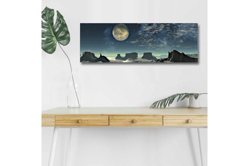 Canvastavla med LED-belysning - Storslagen nattlandskap med en stor måne och dramatiska bergformationer - Mörkblå / Grå / Svart - Inredning & dekor - Tavlor & konst - Canvastavla