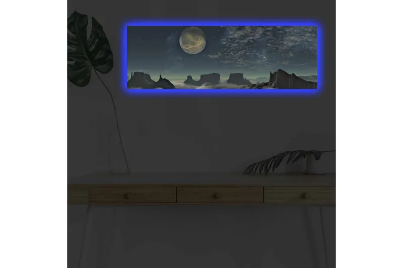 Canvastavla med LED-belysning - Storslagen nattlandskap med en stor måne och dramatiska bergformationer - Mörkblå / Grå / Svart - Inredning & dekor - Tavlor & konst - Canvastavla