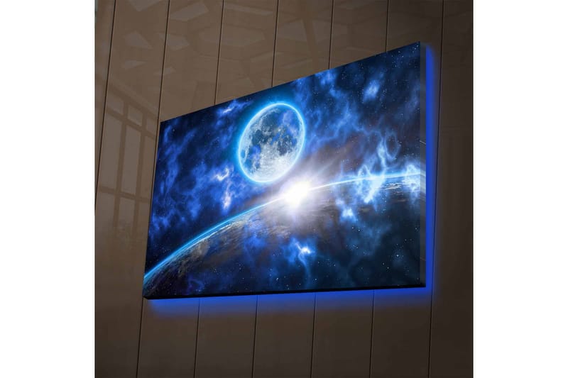 Canvastavla med LED-belysning - Storslagen rymdscen med en planet och en måne i fokus - Mörkblå / Ljusblå / Vit - Inredning & dekor - Tavlor & konst - Canvastavla