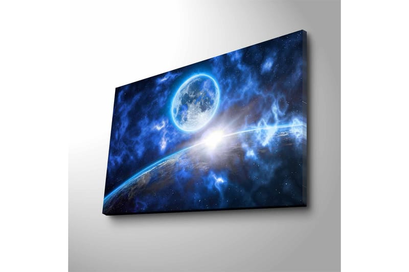Canvastavla med LED-belysning - Storslagen rymdscen med en planet och en måne i fokus - Mörkblå / Ljusblå / Vit - Inredning & dekor - Tavlor & konst - Canvastavla