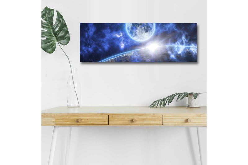 Canvastavla med LED-belysning - Storslagen rymdscen med en planet och en måne - Mörkblå / Ljusblå / Vit - Inredning & dekor - Tavlor & konst - Canvastavla