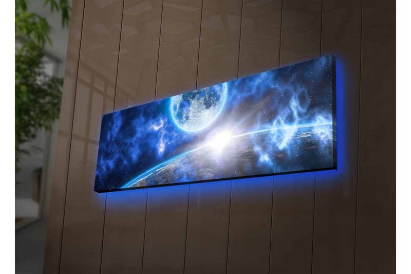 Canvastavla med LED-belysning - Storslagen rymdscen med en planet och en måne - Mörkblå / Ljusblå / Vit - Inredning & dekor - Tavlor & konst - Canvastavla