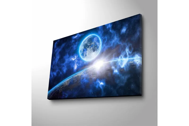 Canvastavla med LED-belysning - Storslagen rymdscen med en planet och en måne i fokus - Mörkblå / Ljusblå / Vit - Inredning & dekor - Tavlor & konst - Canvastavla