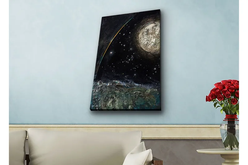 Canvastavla med LED-belysning - Storslagen rymdscen med en planet och stjärnor, Mörkblå / Grön / Vit