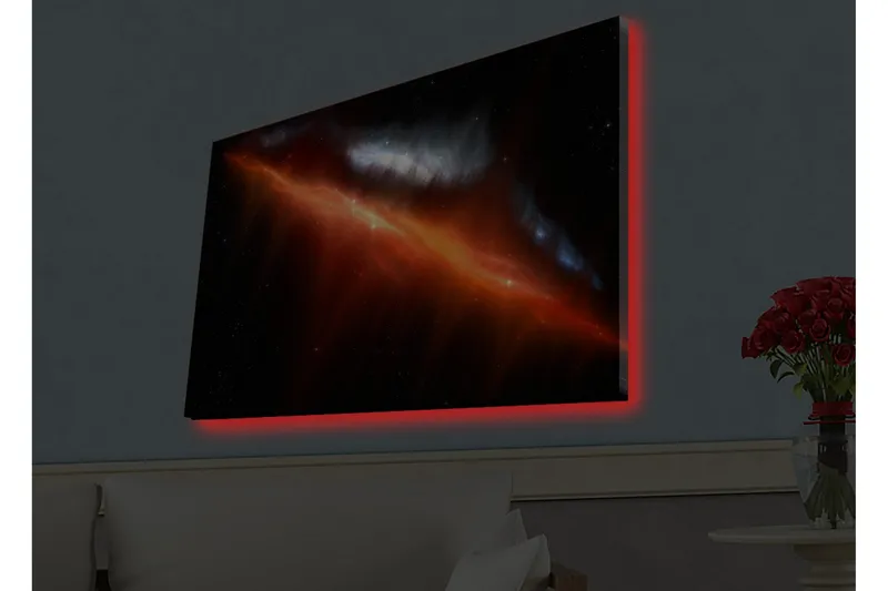 Canvastavla med LED-belysning - Storslagen rymdscen med nebulosor i varma färger, Röd / Orange / Blå