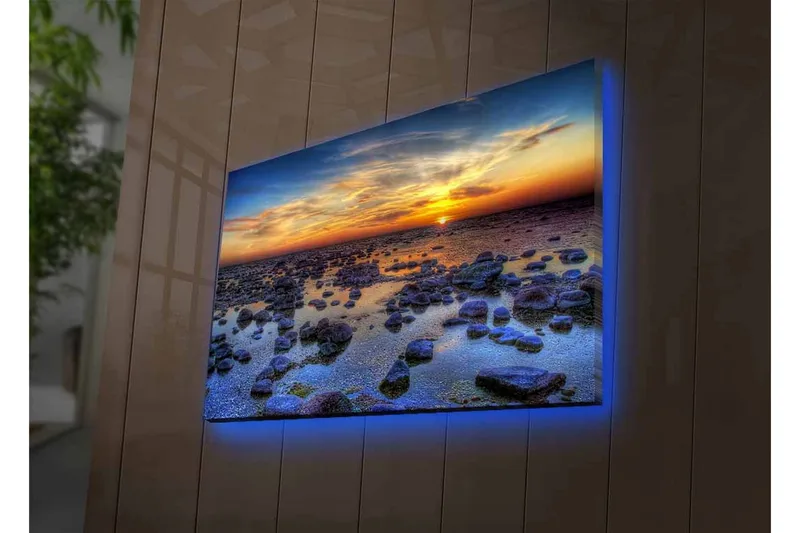 Canvastavla med LED-belysning - Storslagen solnedgång över en klippig kustlinje - Mörkblå / Orange / Ljusblå - Inredning & dekor - Tavlor & konst - Canvastavla