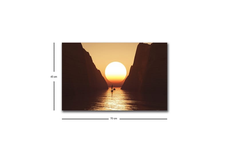 Canvastavla med LED-belysning - Storslagen solnedgång över en smal fjord med en segelbåt i silhuett - Orange / Brun / Guld - Inredning & dekor - Tavlor & konst - Canvastavla