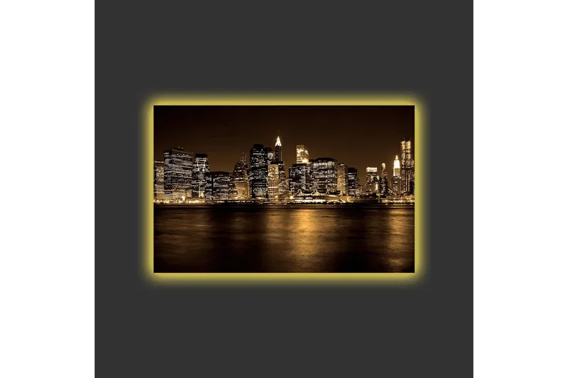 Canvastavla med LED-belysning - Storslagen stadsbild av en skyline med upplysta skyskrapor - Guld / Svart / Grå - Inredning & dekor - Tavlor & konst - Canvastavla