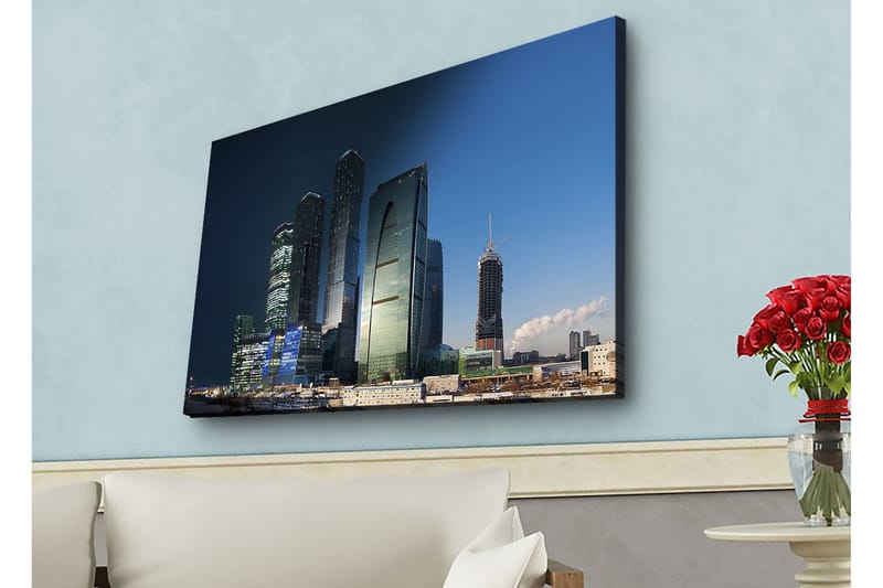 Canvastavla med LED-belysning - Storslagen stadsbild med moderna skyskrapor i kvällsljus - Mörkblå / Grön / Svart - Inredning & dekor - Tavlor & konst - Canvastavla