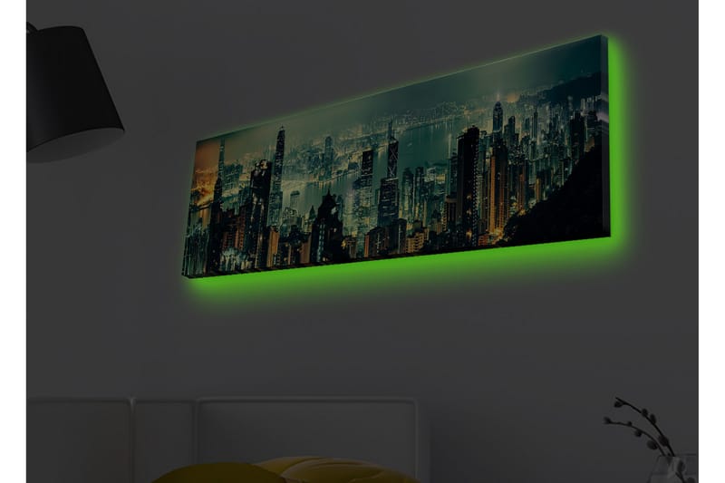 Canvastavla med LED-belysning - Storslagen stadsutsikt med skyskrapor i nattljus - Mörkgrön / Guld / Blå - Inredning & dekor - Tavlor & konst - Canvastavla
