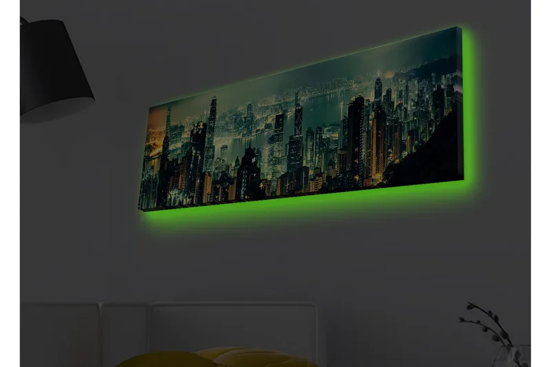 Canvastavla med LED-belysning - Storslagen stadsutsikt med skyskrapor i nattljus - Mörkgrön / Guld / Blå - Inredning & dekor - Tavlor & konst - Canvastavla