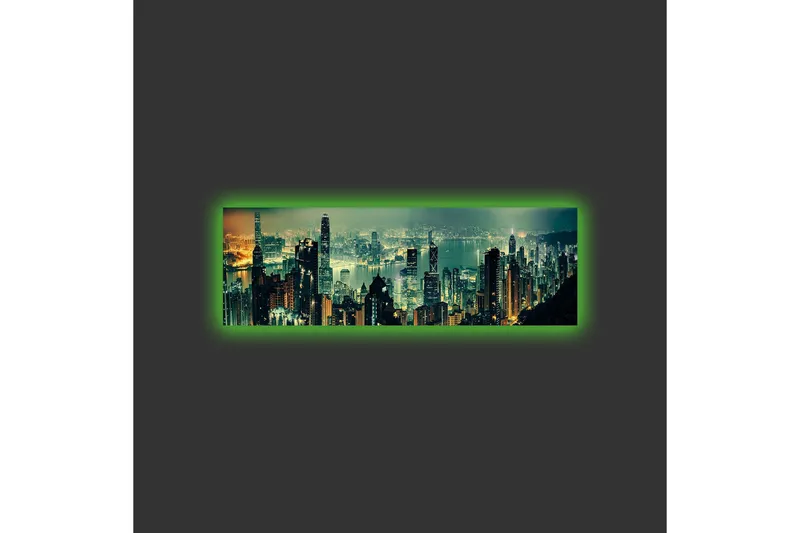 Canvastavla med LED-belysning - Storslagen stadsutsikt med skyskrapor i nattljus - Mörkgrön / Guld / Blå - Inredning & dekor - Tavlor & konst - Canvastavla