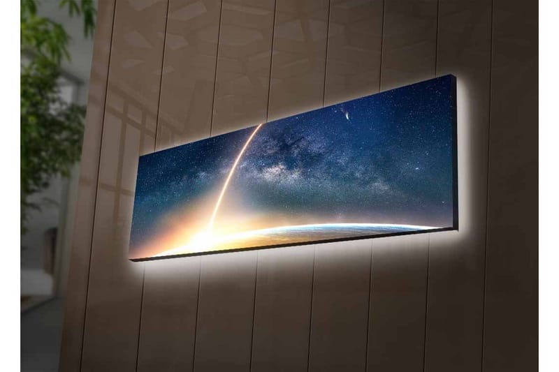 Canvastavla med LED-belysning - Storslagen vy av jorden med en stjärnklar himmel och en ljus stråle som sträcker sig mot rymden - Mörkblå / Ljusorange / Vit - Inredning & dekor - Tavlor & konst - Canvastavla