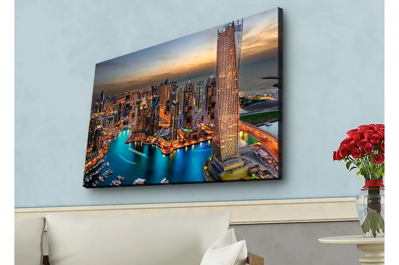 Canvastavla med LED-belysning - Storslagen vy över en modern stad med glittrande skyskrapor och en slingrande flod - Blå / Orange / Grå - Inredning & dekor - Tavlor & konst - Canvastavla
