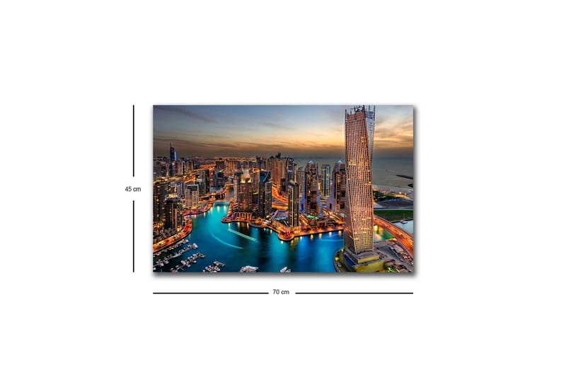Canvastavla med LED-belysning - Storslagen vy över en modern stad med glittrande skyskrapor och en slingrande flod - Blå / Orange / Grå - Inredning & dekor - Tavlor & konst - Canvastavla