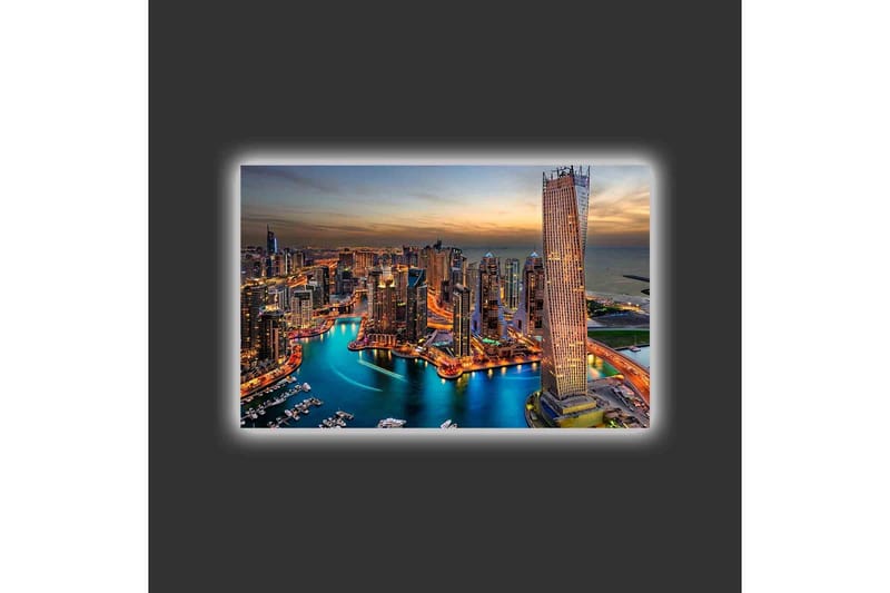 Canvastavla med LED-belysning - Storslagen vy över en modern stad med glittrande skyskrapor och en slingrande flod - Blå / Orange / Grå - Inredning & dekor - Tavlor & konst - Canvastavla