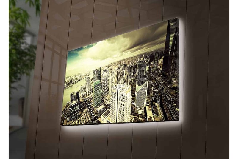 Canvastavla med LED-belysning - Storslagen vy över en stad med moderna skyskrapor - Grå / Beige / Svart - Inredning & dekor - Tavlor & konst - Canvastavla