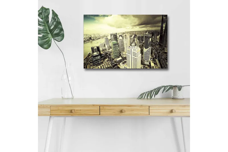 Canvastavla med LED-belysning - Storslagen vy över en stad med moderna skyskrapor - Grå / Beige / Svart - Inredning & dekor - Tavlor & konst - Canvastavla