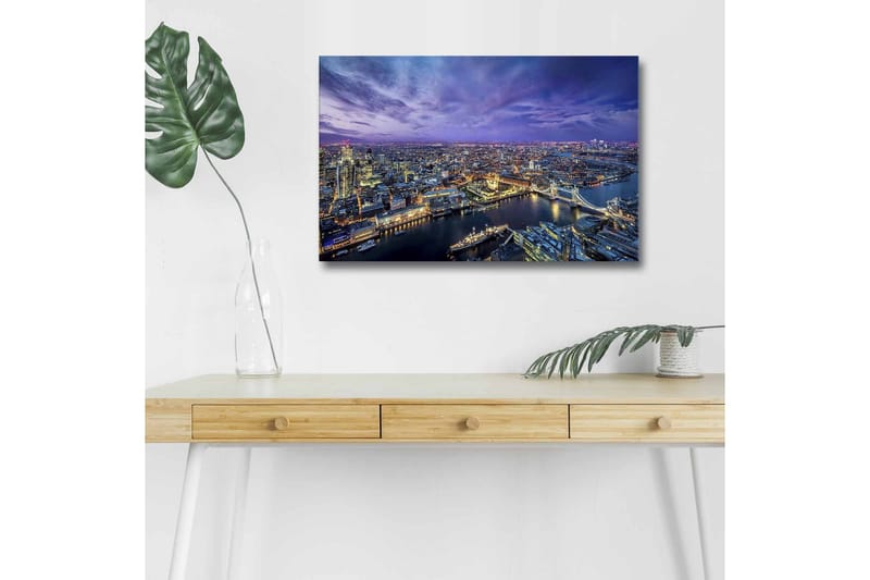 Canvastavla med LED-belysning - Storslagen vy över en stad vid skymningstid med floder och broar - Mörkblå / Lila / Gyllene - Inredning & dekor - Tavlor & konst - Canvastavla