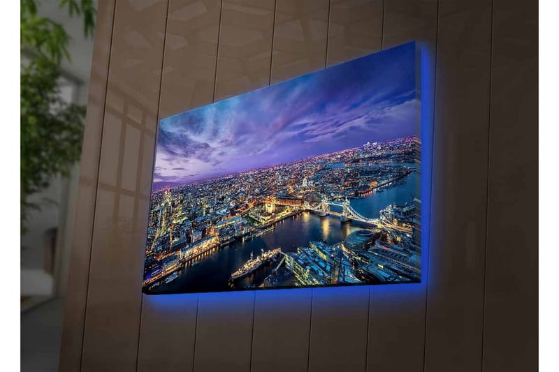 Canvastavla med LED-belysning - Storslagen vy över en stad vid skymningstid med floder och broar - Mörkblå / Lila / Gyllene - Inredning & dekor - Tavlor & konst - Canvastavla