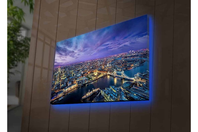 Canvastavla med LED-belysning - Storslagen vy över en stad vid skymningstid med floder och broar - Mörkblå / Lila / Gyllene - Inredning & dekor - Tavlor & konst - Canvastavla