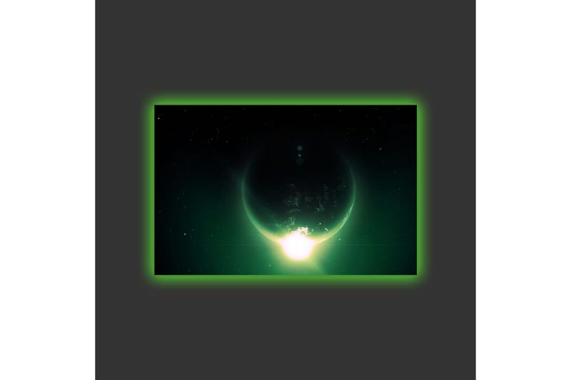 Canvastavla med LED-belysning - Storslagen planet med ljusstrålar som sträcker sig ut i rymden - Mörkgrön / Svart / Ljusgrön - Inredning & dekor - Tavlor & konst - Canvastavla