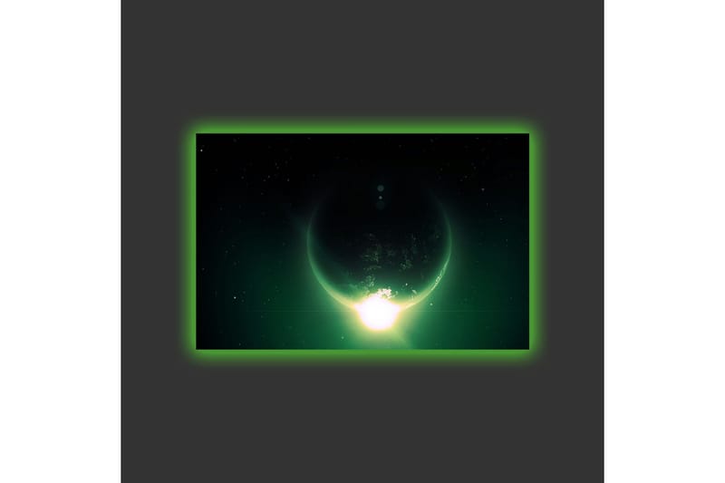 Canvastavla med LED-belysning - Storslagen planet med ljusstrålar som sträcker sig ut i rymden - Mörkgrön / Svart / Ljusgrön - Inredning & dekor - Tavlor & konst - Canvastavla