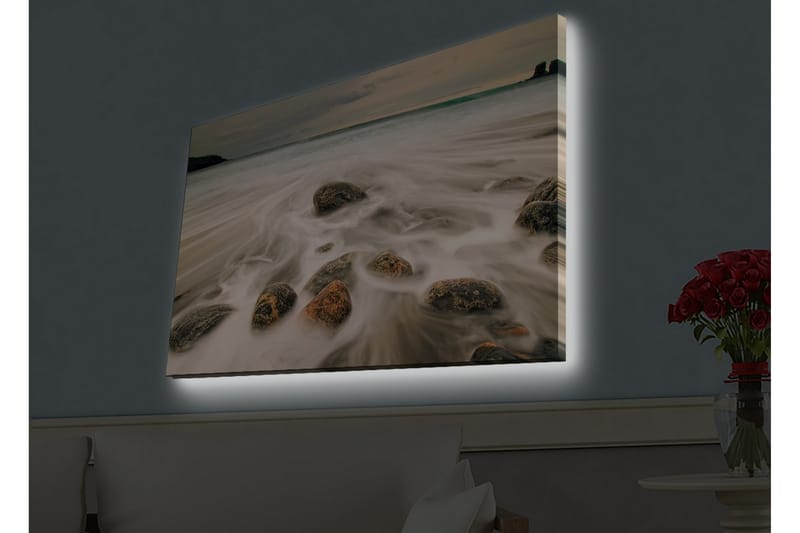 Canvastavla med LED-belysning - Strandscen med mjuka vågor som omsluter stenar - Grå / Beige / Svart - Inredning & dekor - Tavlor & konst - Canvastavla