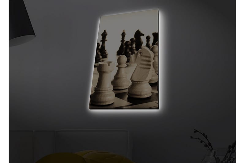 Canvastavla med LED-belysning - Strategisk schackuppställning med träpjäser - Beige / Svart / Brun - Inredning & dekor - Tavlor & konst - Canvastavla