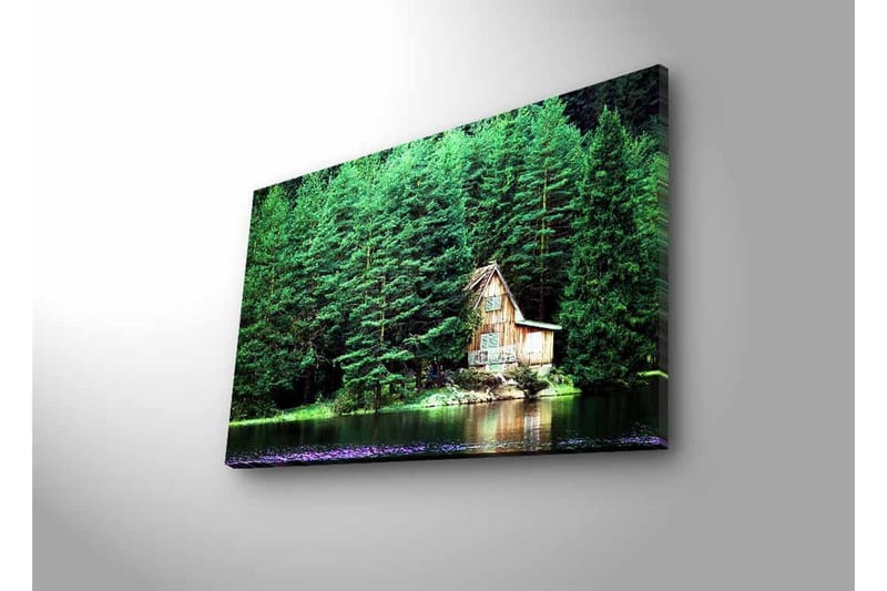 Canvastavla med LED-belysning - Stuga vid en spegelblanka sjö omgiven av tät grönska - Grön / Brun / Blå - Inredning & dekor - Tavlor & konst - Canvastavla