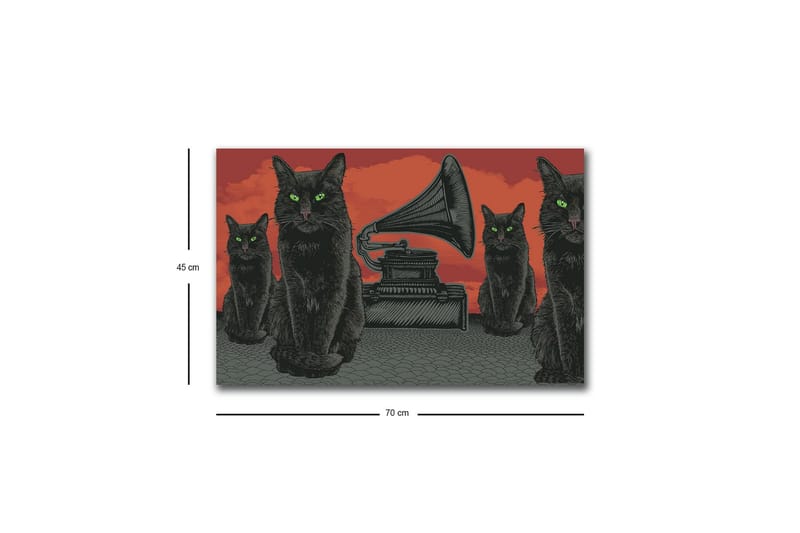 Canvastavla med LED-belysning - Svart katt med gröna ögon framför en grammofon på en röd bakgrund - Svart / Röd / Grön - Inredning & dekor - Tavlor & konst - Canvastavla