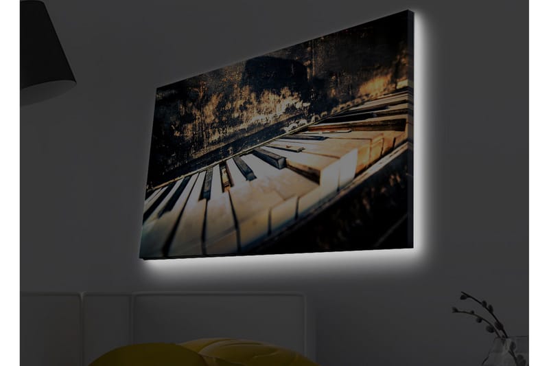 Canvastavla med LED-belysning - Svart piano med vita tangenter i en nostalgisk komposition, Svart / Vit / Brunt
