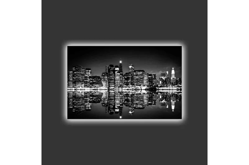 Canvastavla med LED-belysning - Svartvit stadssilhuett med reflektioner i vattenytan - Svart / Vitt / Grått - Inredning & dekor - Tavlor & konst - Canvastavla