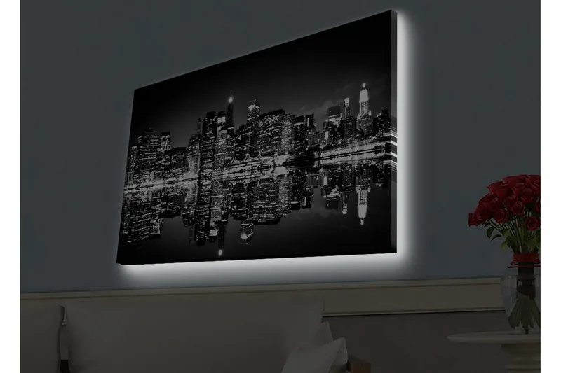 Canvastavla med LED-belysning - Svartvit stadssilhuett med reflektioner i vattenytan - Svart / Vitt / Grått - Inredning & dekor - Tavlor & konst - Canvastavla